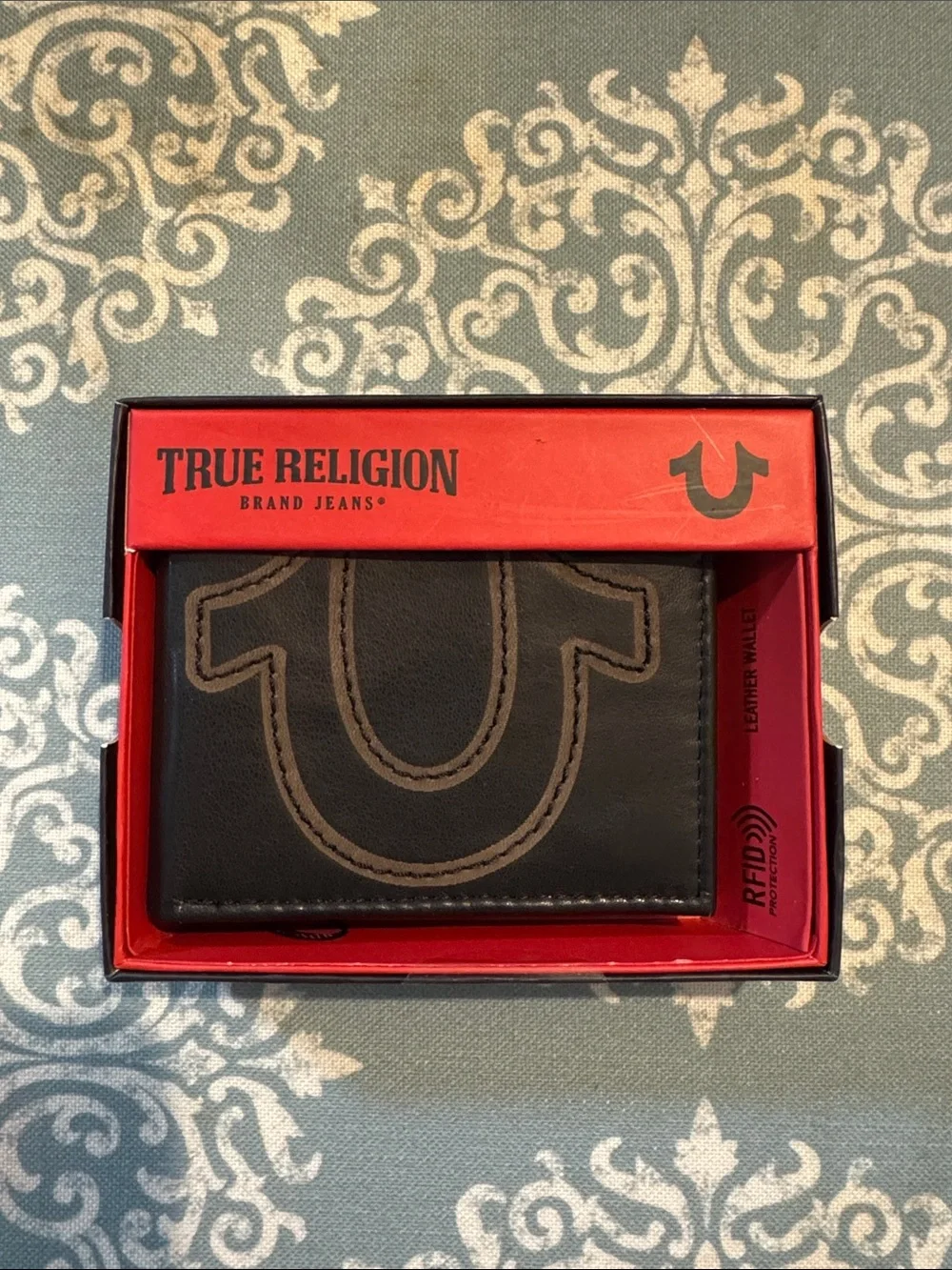 True Religion Black Leather Wallet with Contrast Stitching
